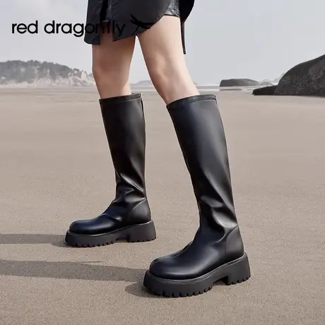 【李艾专享】红蜻蜓厚底高筒靴复古长筒骑士靴图片