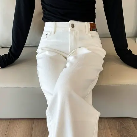 白色窄版阔腿牛仔裤女2024春秋新款高腰显瘦宽松百搭直筒拖地长裤商品大图