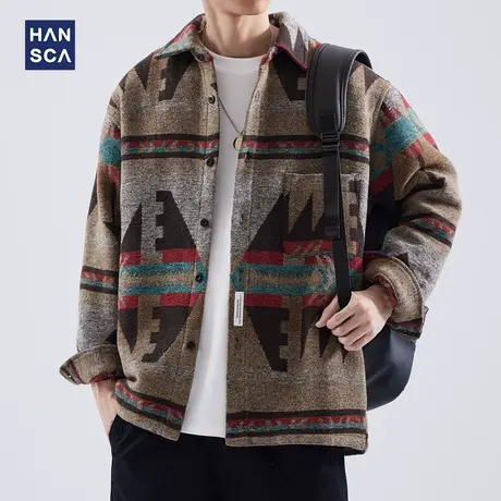 hansca重磅毛呢衬衫男长袖秋冬季宽松磨毛加厚高级感撞色条纹外套商品大图