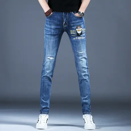 2024新款春秋男士刺绣破洞牛仔裤男款美式高街小脚修身裤子潮牌男商品大图