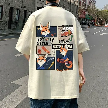 美式复古vintage动漫印花设计感短袖T恤男潮牌夏季新款情侣上衣服商品大图