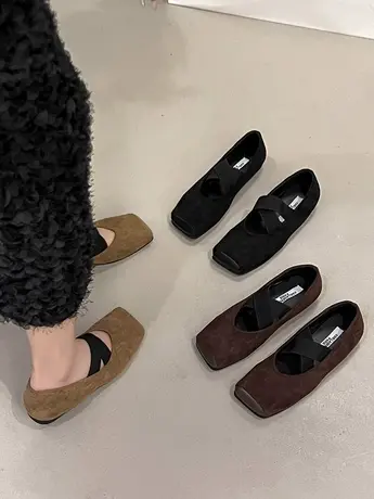 2024年春季新款绒面方头玛丽珍鞋浅口女鞋一脚蹬软底软面芭蕾单鞋图片