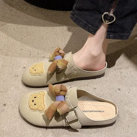 勃肯鞋包头鞋女夏卡通可爱学生包跟圆头时尚蝴蝶结半拖博肯懒人鞋图片