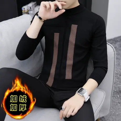 秋冬季男装上衣半高领毛衣男加绒加厚韩版潮流男士针织衫长袖打底商品大图