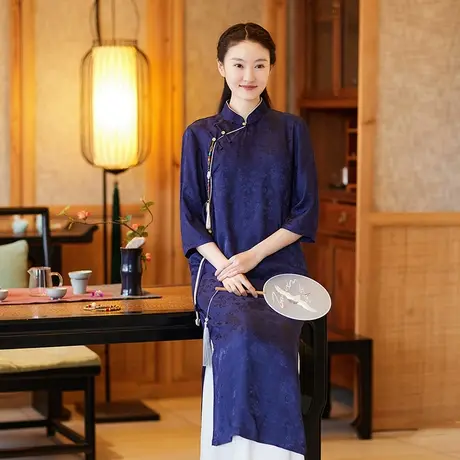 素飞改良古法旗袍2023年新款复古民国风连衣裙蓝色中式盘扣禅茶服商品大图
