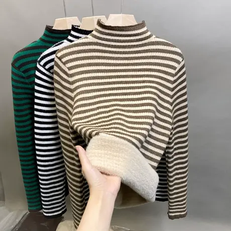 一体绒半高领毛衣女加绒打底衫2023秋冬新款条纹针织衫内搭厚上衣商品大图