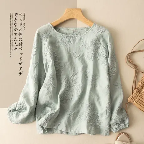 享永子重工刺绣苎麻上衣女文艺复古设计感棉麻小衫高级感2023新款图片