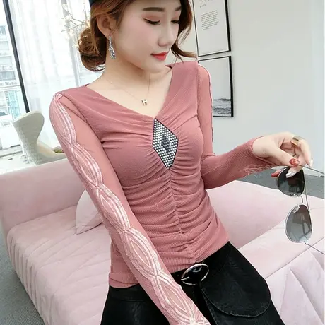 2023春秋新款重工烫钻T恤女长袖蕾丝刺绣洋气上衣紧身V领网纱小衫商品大图