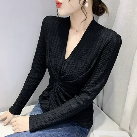 女装2023新款潮性感V领T恤女长袖小众设计感洋气上衣打底衫女春秋商品大图