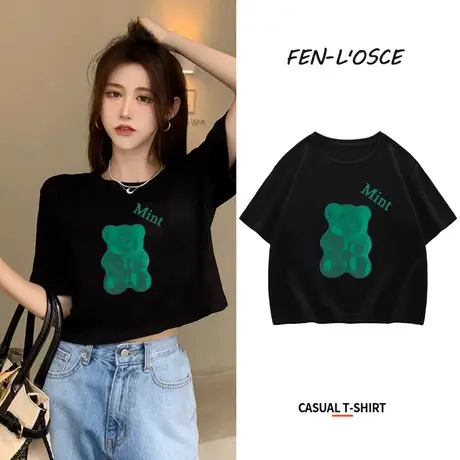 辣妹短袖t恤女ins潮2023年夏季新款设计感小熊纯棉宽松短款上衣服商品大图