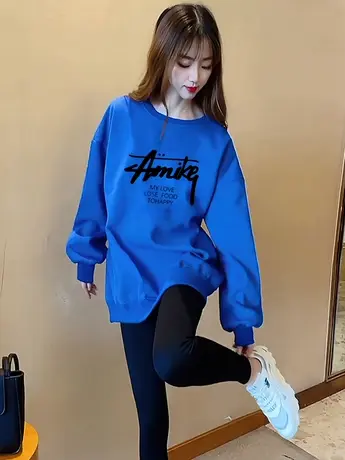 克莱因蓝卫衣女秋冬2023年新款美式复古慵懒风宽松中长款加绒上衣商品大图