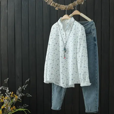 2022春秋新款气质木耳边拼接洋气纯棉衬衫女减龄立领长袖打底衬衣商品大图