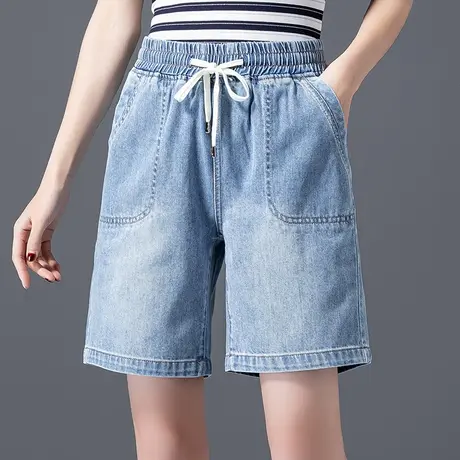 松紧腰牛仔短裤女夏2023年新款五分裤女夏季5分裤阔腿中裤直筒裤图片