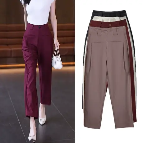 树莓色高腰九分裤女2023春夏新款韩版宽松显瘦镰刀裤OL直筒西裤图片