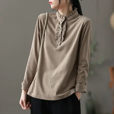 dza荷叶领薄绒磨毛打底衫女士秋冬新款漂亮内搭上衣宽松长袖t恤女商品大图