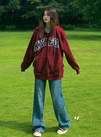 vintage卫衣女春秋薄款oversize小众高街潮牌ins美式复古开衫外套商品大图