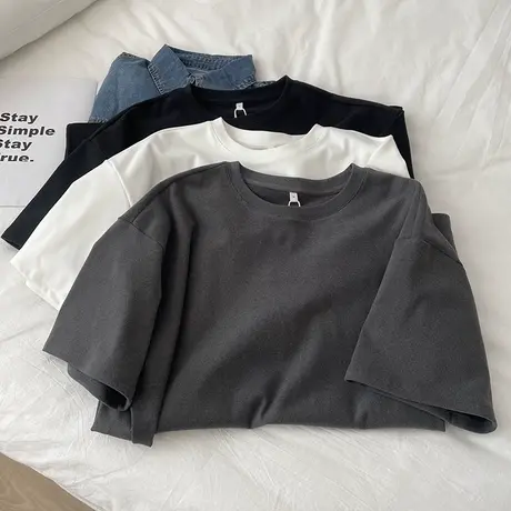 简约百搭加厚德绒宽松短袖！春款新品BF风宽松大版圆领休闲T恤女商品大图