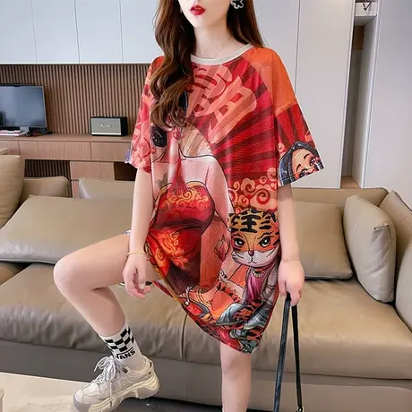 设计感小众短袖t恤女夏韩版宽松大码女装中长款休闲速干连衣裙子图片