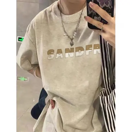 灰色美式复古短袖t恤女夏季oversize宽松港味chic设计感小众上衣图片