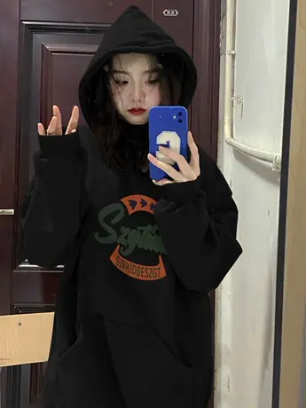 连帽加绒加厚卫衣女oversize小个子秋冬宽松复古港味chic外套潮牌图片