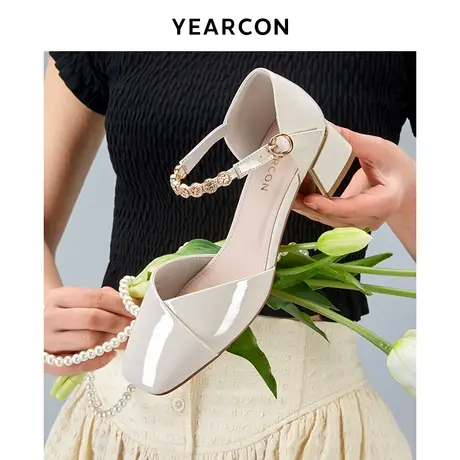 意尔康粗跟包头凉鞋女一字带2023夏新款仙女风方头中空气质单鞋女商品大图