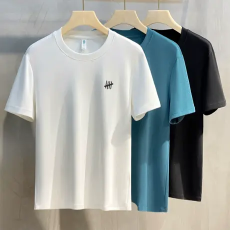 2023年春夏季新款男士短袖T恤  丝光棉刺绣短袖T恤韩版修身打底衫商品大图