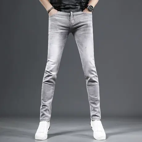 烟灰色牛仔裤男夏季薄款2023新款潮牌修身小脚弹力百搭休闲裤子男商品大图