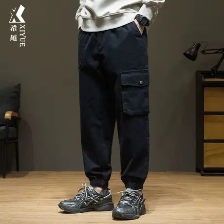 希越纯棉多口袋休闲裤男秋季做旧束脚九分裤宽松大码胖子百搭长裤商品大图