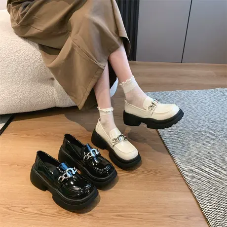 圆头一脚蹬小皮鞋女秋季2023新款日系配裙子单鞋粗跟厚底JK乐福鞋商品大图