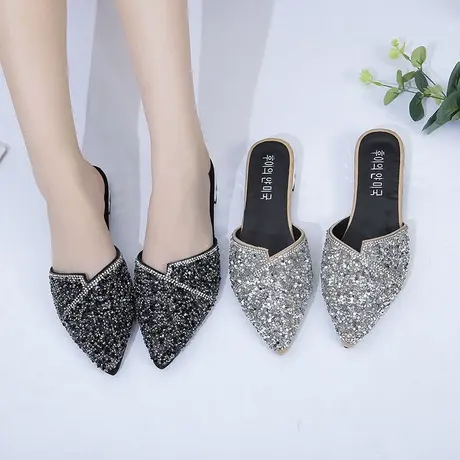 拖鞋女夏外穿2023新款时尚百搭女士尖头包头半拖鞋网红凉拖鞋粗跟商品大图