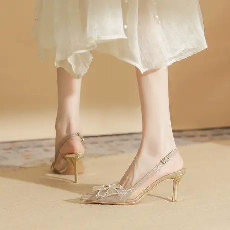 2023年夏季新款蝴蝶结包头凉鞋宴会鞋后空尖头细跟温柔气质高跟鞋商品大图