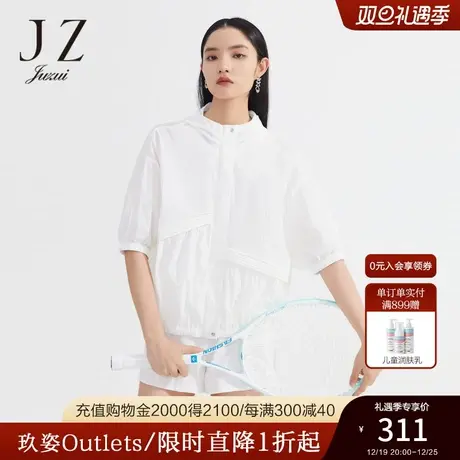 JZ玖姿连帽款休闲短外套女2022夏季新款轻运动拉链时尚压褶单上衣图片