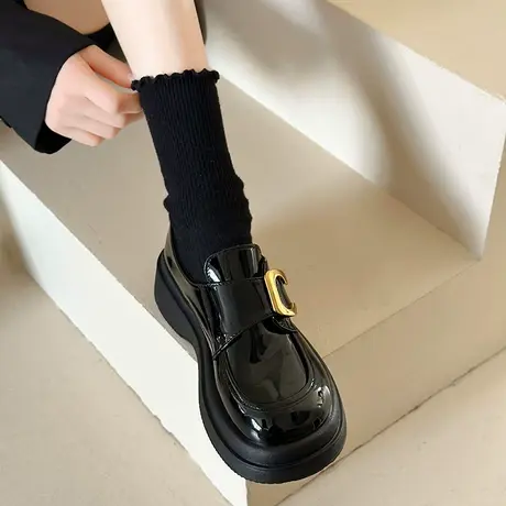 黑色乐福鞋女2024年春秋季新款百搭松糕厚底单鞋复古英伦风小皮鞋商品大图
