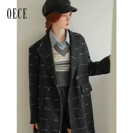 【9.20上新】Oece复古呢大衣2023秋冬季新款女装气场长款毛呢西装图片
