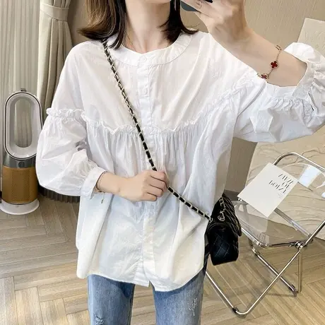 2023春夏女装新款衬衫木耳花边七分灯笼袖衬衫女上衣洋气显瘦显高商品大图