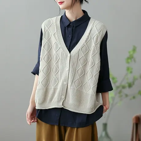 dza文艺复古V领针织马甲女2023夏季短款外搭外套宽松百搭马夹上衣商品大图