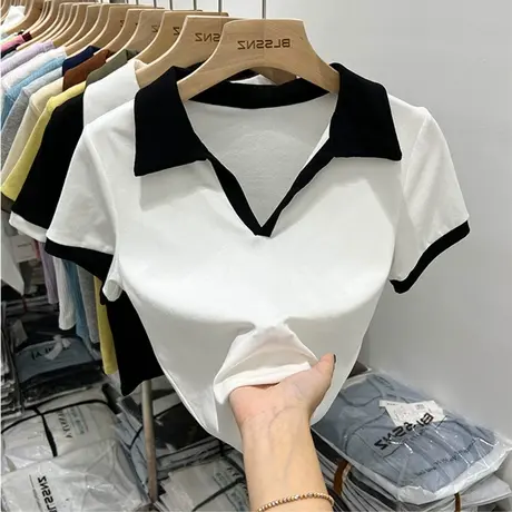 白色不规则polo领短袖正肩t恤女夏季设计感小众纯欲修身短款上衣图片