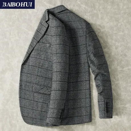 秋季新款灰色格子休闲西装男士外套修身韩版潮流小西服男单件上衣商品大图