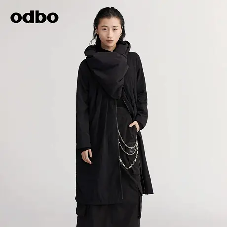 odbo/欧迪比欧原创设计黑色拉链中长款外套秋冬女个性百搭连衣裙图片