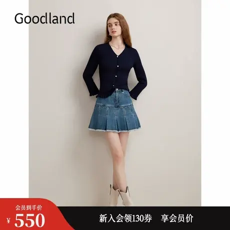 Goodland美地秋季星光荷叶花边毛针织衫V领上衣商品大图