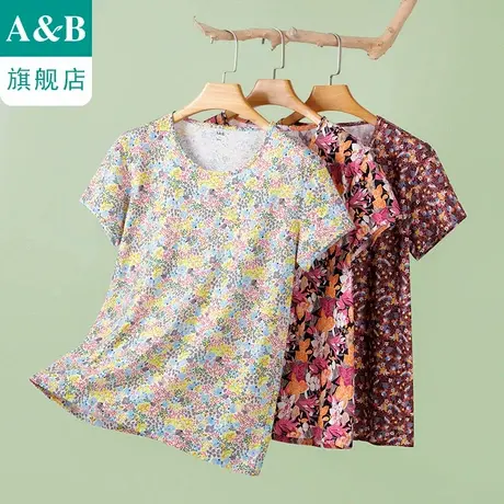 ab内衣纯棉中老年圆领短袖衫宽松舒适全棉印花妈妈汗衫H882商品大图