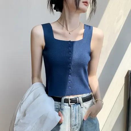 方领单排扣背心女2025夏季新款修身开衫别致短款小个子显瘦上衣女商品大图