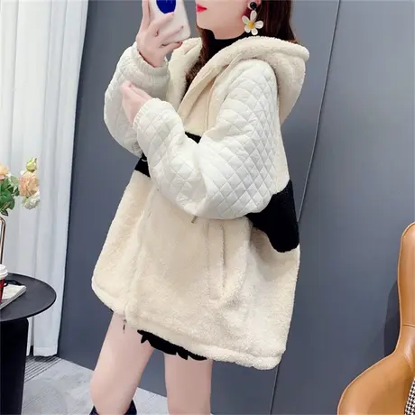 加厚休闲拼色羊羔毛外套女秋冬2022年新款韩版宽松慵懒风显瘦棉服图片