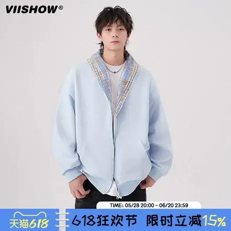 VIISHOW美式连帽开衫卫衣男女款春季重磅格子外套宽松休闲夹克图片