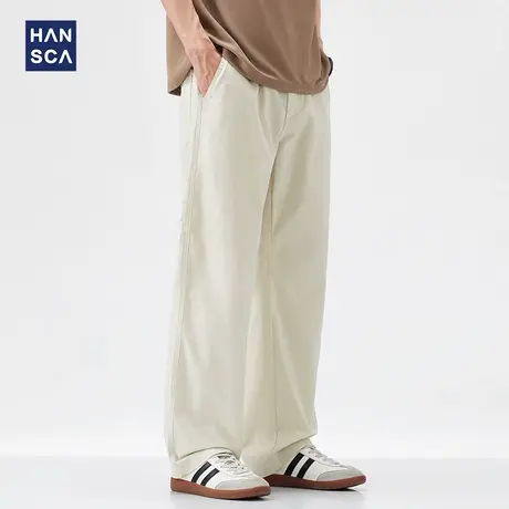 hansca纯色直筒休闲裤子男款春夏季2025新款宽松时尚拼接垂顺长裤商品大图