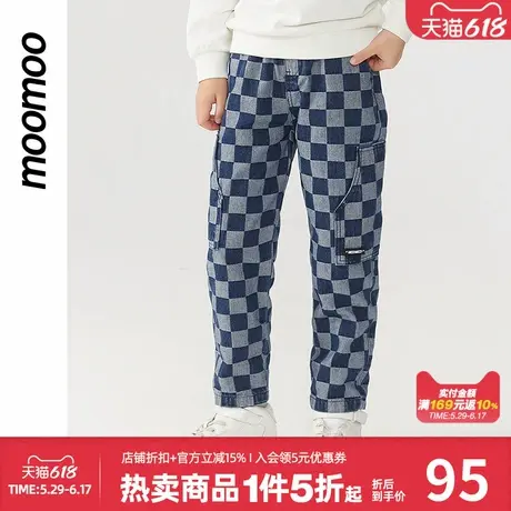moomoo童装春季新品男童棋盘格牛仔长裤中大童时尚男孩百搭长裤潮商品大图