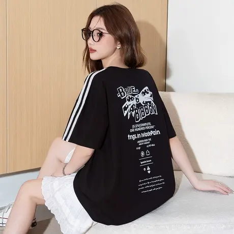 唐狮夏季新款女短袖T恤条纹黑色背后印花设计感别致今年流行图片