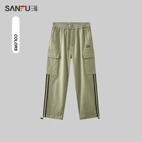 三福2023冬男士侧边条纹宽松直筒工装裤 时尚休闲长裤男477403商品大图