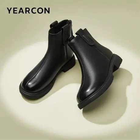 意尔康女鞋2023冬季加绒保暖羊皮短靴英伦风复古皮靴女士粗跟踝靴商品大图