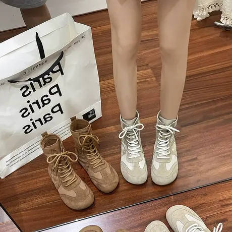 时尚百搭短筒靴女2025年新款秋季平底显瘦气质骑士靴休闲系带靴子商品大图